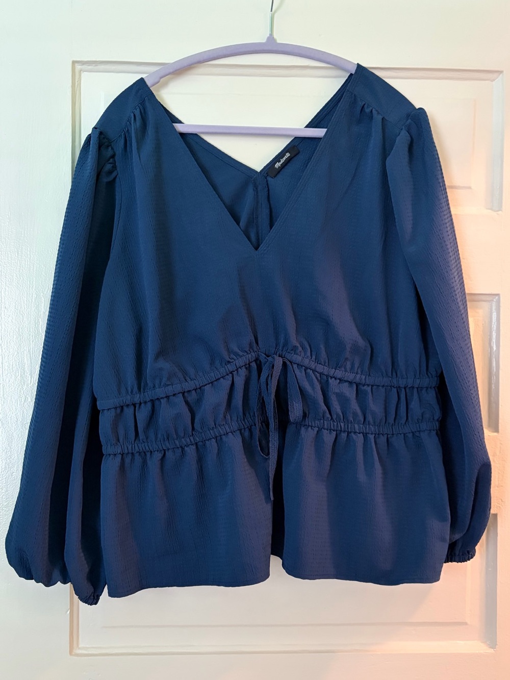 Madewell Navy Blue V-Neck Drawstring Peasant Blouse